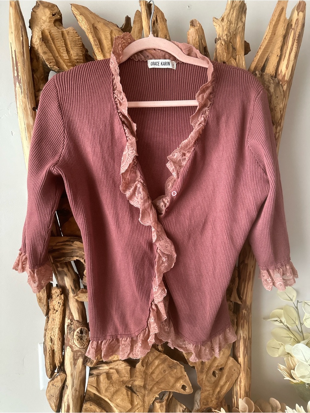 Grace Karin Dusty Rose Ruffle-Trim Ribbed Cardigan